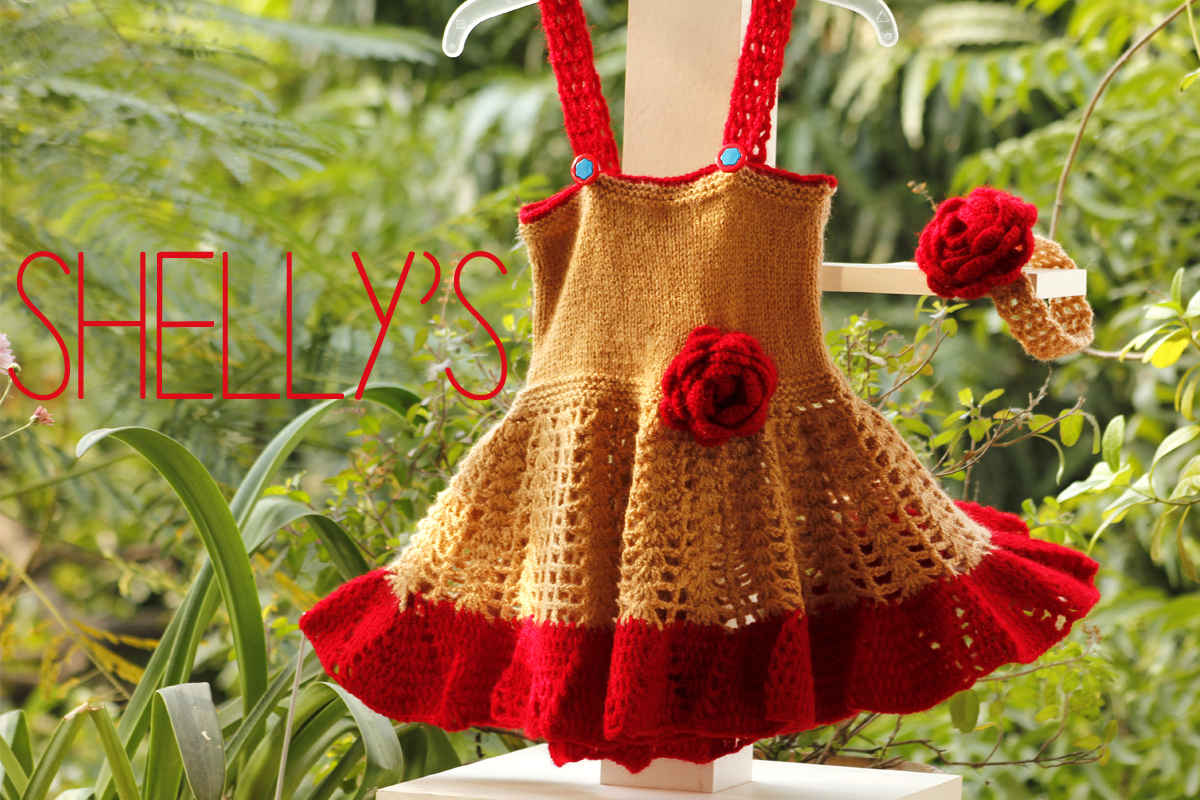 Hand Crocheted Lace Frock-Red-Brown 