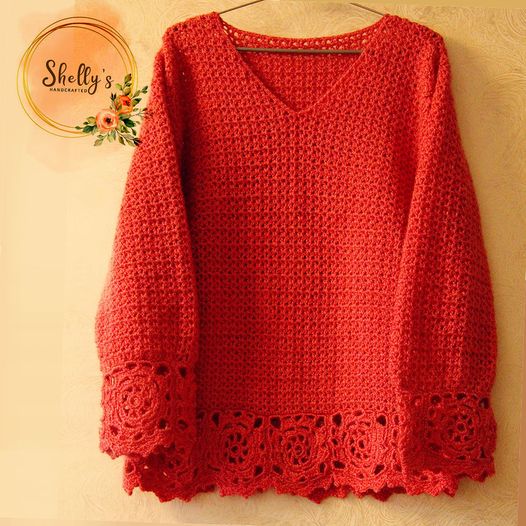 Crochet pullover with lace design 