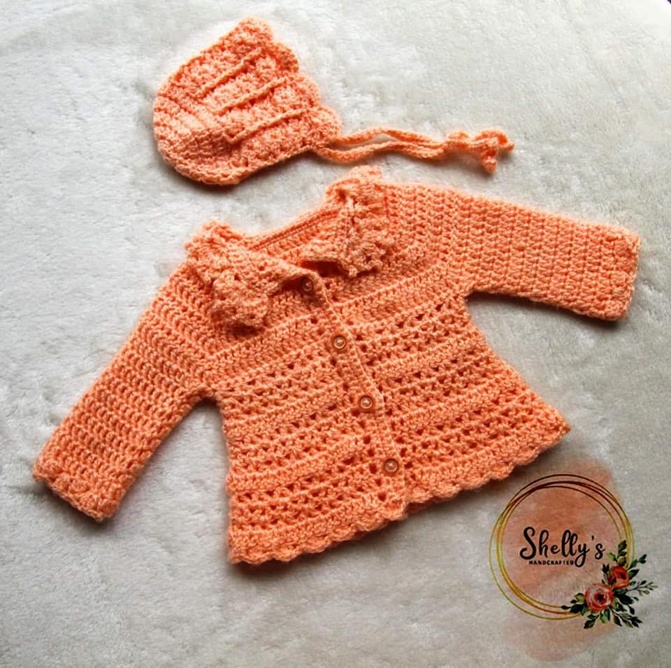 Crocheted Girls cardigan n bonnet set 